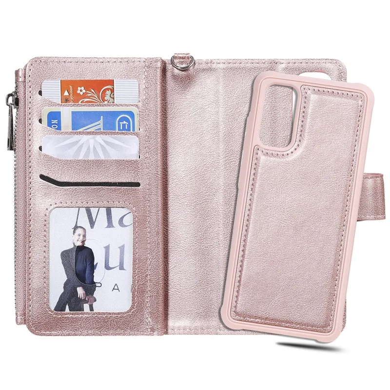 For Samsung Galaxy S20 4G / S20 5G Case 2 in 1 Detachable Magnetic Leather Wallet Mobile Cover with Strap - Rose Gold