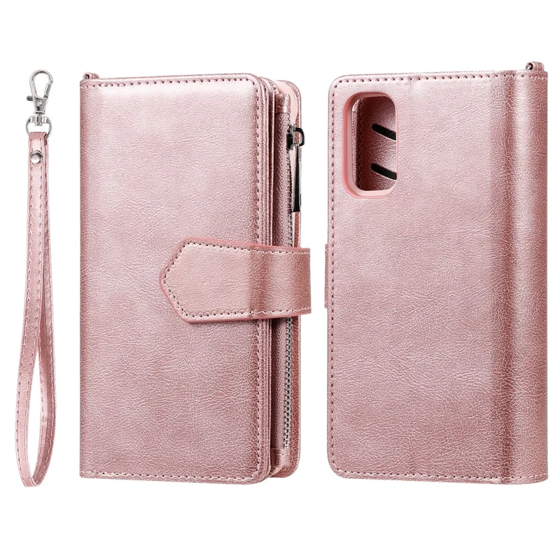 For Samsung Galaxy S20 4G / S20 5G Case 2 in 1 Detachable Magnetic Leather Wallet Mobile Cover with Strap - Rose Gold