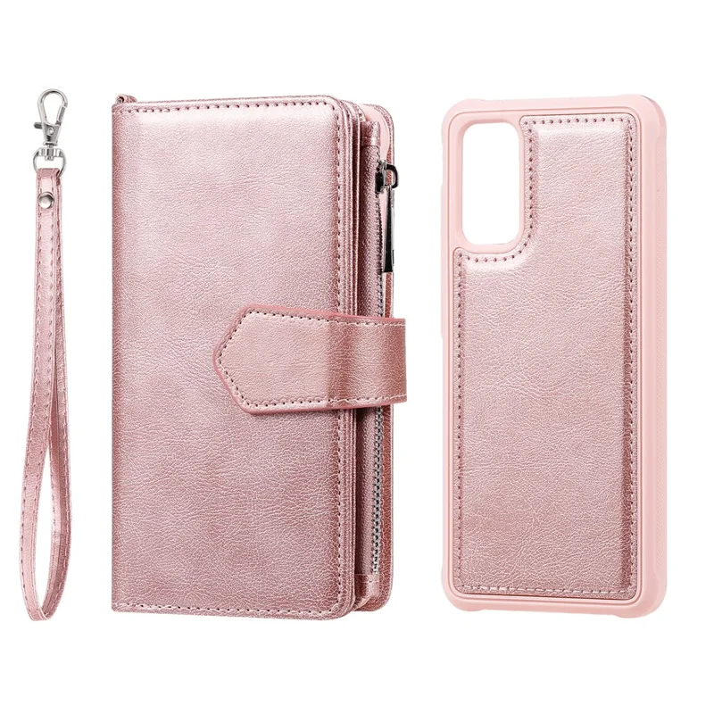 For Samsung Galaxy S20 4G / S20 5G Case 2 in 1 Detachable Magnetic Leather Wallet Mobile Cover with Strap - Rose Gold