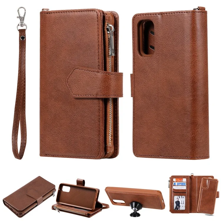 For Samsung Galaxy S20 4G / S20 5G Case 2 in 1 Detachable Magnetic Leather Wallet Mobile Cover with Strap - Brown