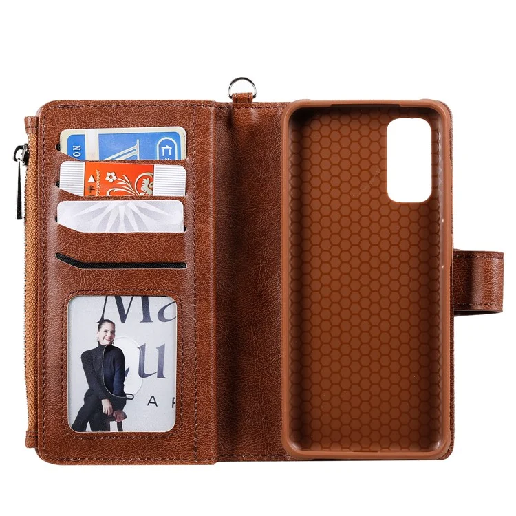 For Samsung Galaxy S20 4G / S20 5G Case 2 in 1 Detachable Magnetic Leather Wallet Mobile Cover with Strap - Brown