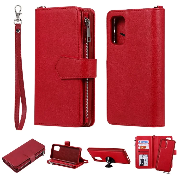 Zipper Pocket Magnetic KT Leather Series-3 Detachable 2-in-1 Leather Wallet Case for Samsung Galaxy S20 Plus - Red