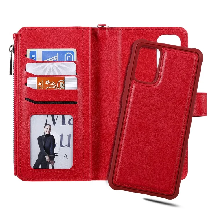 Zipper Pocket Magnetic KT Leather Series-3 Detachable 2-in-1 Leather Wallet Case for Samsung Galaxy S20 Plus - Red