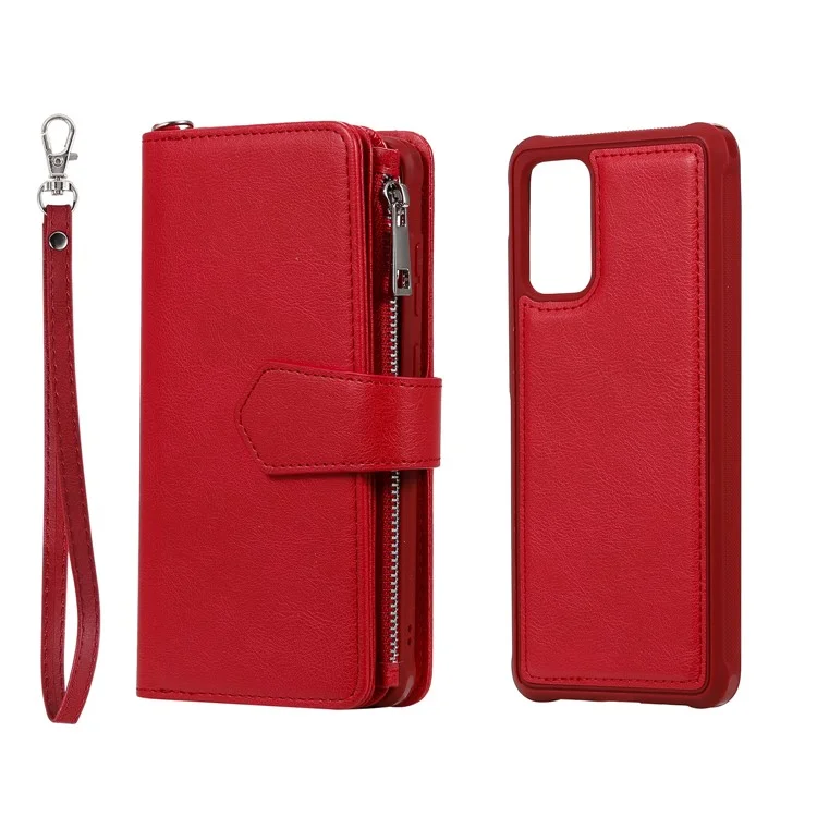 Cams de Cuero Magnetic kt Series-3 de Bolsillo Con Cremallera Case de Billetera de Cuero 2 en 1 Desmontable Para Samsung Galaxy S20 Plus - Rojo