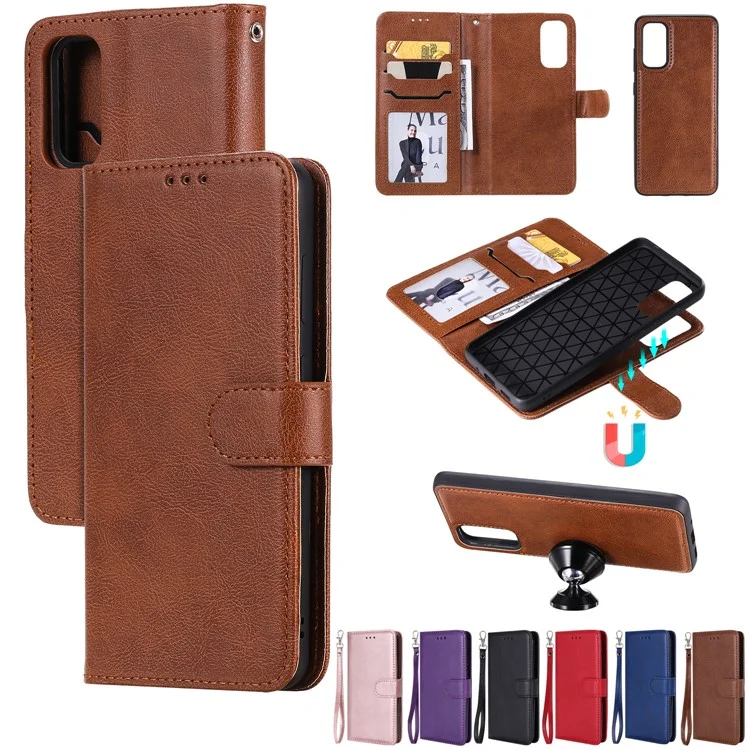For Samsung Galaxy S20 4G / S20 5G Case 2 in 1 Detachable Magnetic Leather Wallet Mobile Cover with Strap - Brown