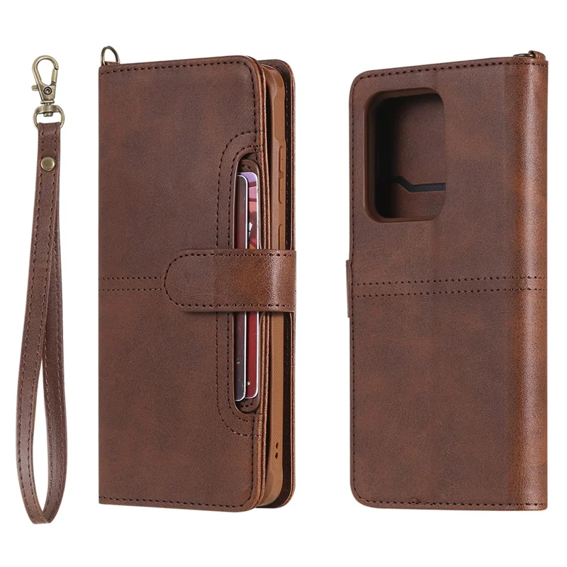 For Samsung Galaxy S20 Ultra Leather Case with Detachable Wallet and Strap Cell Phone Cover - Dark Brown