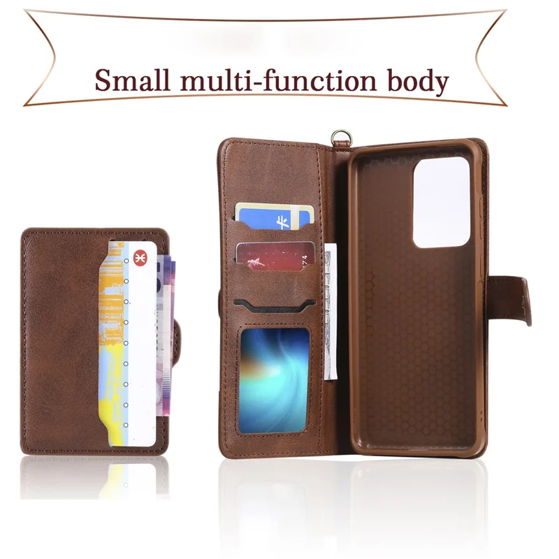 For Samsung Galaxy S20 Ultra Leather Case with Detachable Wallet and Strap Cell Phone Cover - Dark Brown
