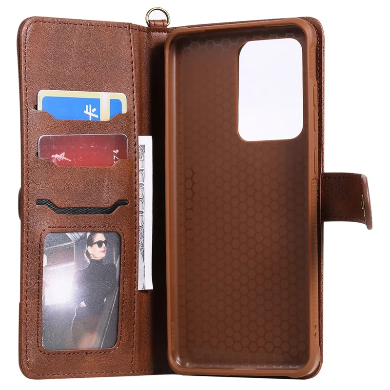 For Samsung Galaxy S20 Ultra Leather Case with Detachable Wallet and Strap Cell Phone Cover - Dark Brown