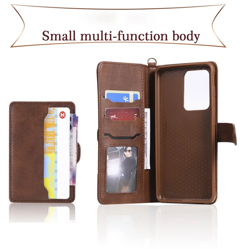 For Samsung Galaxy S20 Ultra Leather Case with Detachable Wallet and Strap Cell Phone Cover - Dark Brown