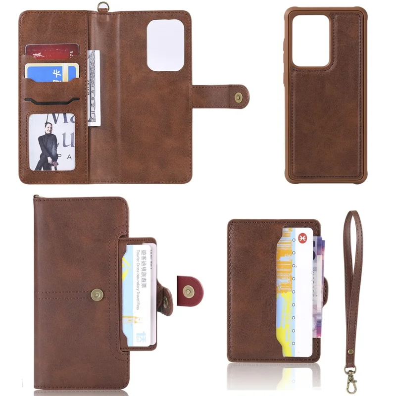 For Samsung Galaxy S20 Ultra Leather Case with Detachable Wallet and Strap Cell Phone Cover - Dark Brown