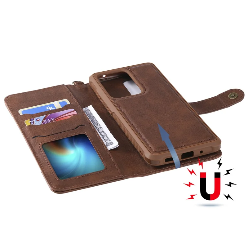 For Samsung Galaxy S20 Ultra Leather Case with Detachable Wallet and Strap Cell Phone Cover - Dark Brown