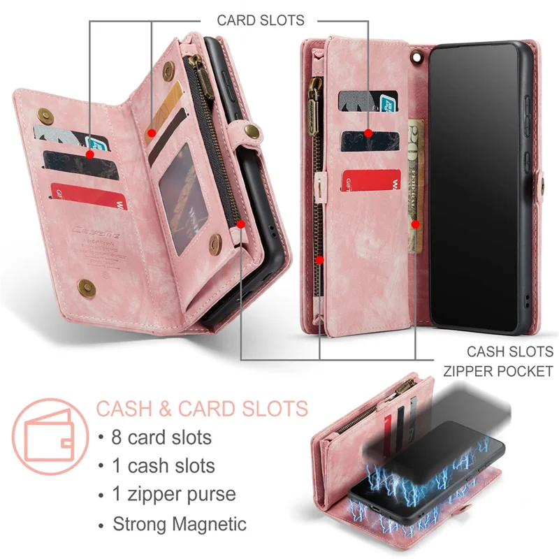 CASEME 008 Series for Samsung Galaxy S20 Plus PU Leather Zipper Wallet Case Detachable Stand Magnetic Phone Cover - Pink