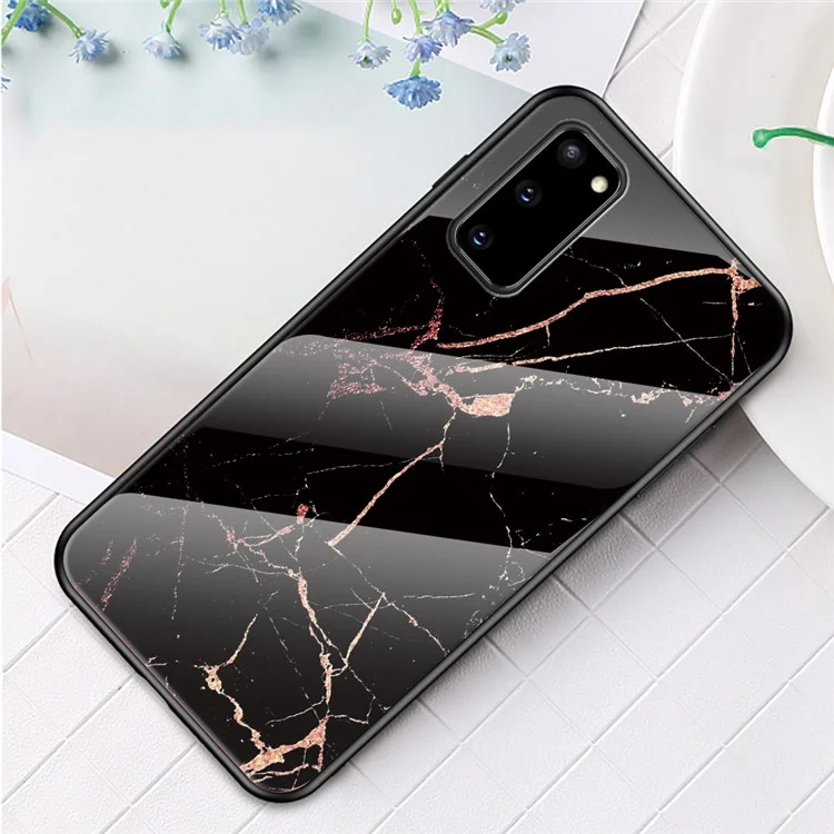Funda de teléfono de vidrio templado con patrón de grano de mármol para Samsung Galaxy S20 4G/S20 5G - Negro/Dorado