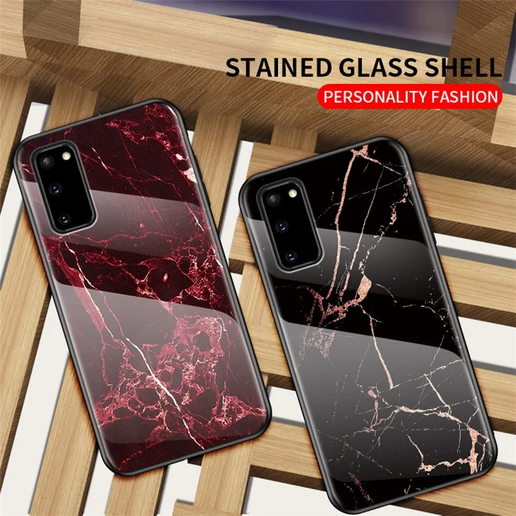 Marble Grain Pattern Tempered Glass PC + TPU Phone Case for Samsung Galaxy S20 4G/S20 5G - Black/Gold