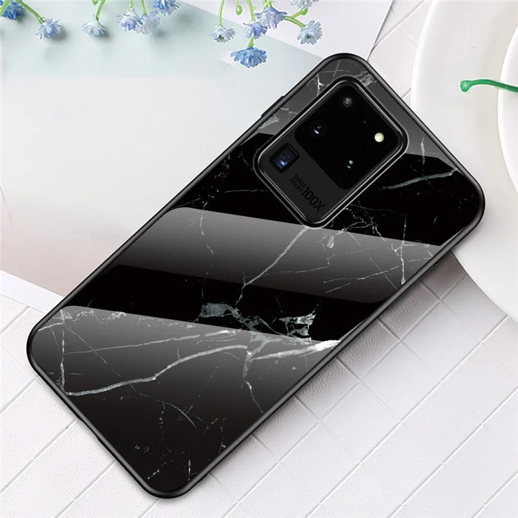 Marble Pattern Tempered Glass Case PC + TPU Hybrid Cover for Samsung Galaxy S20 Ultra - Black