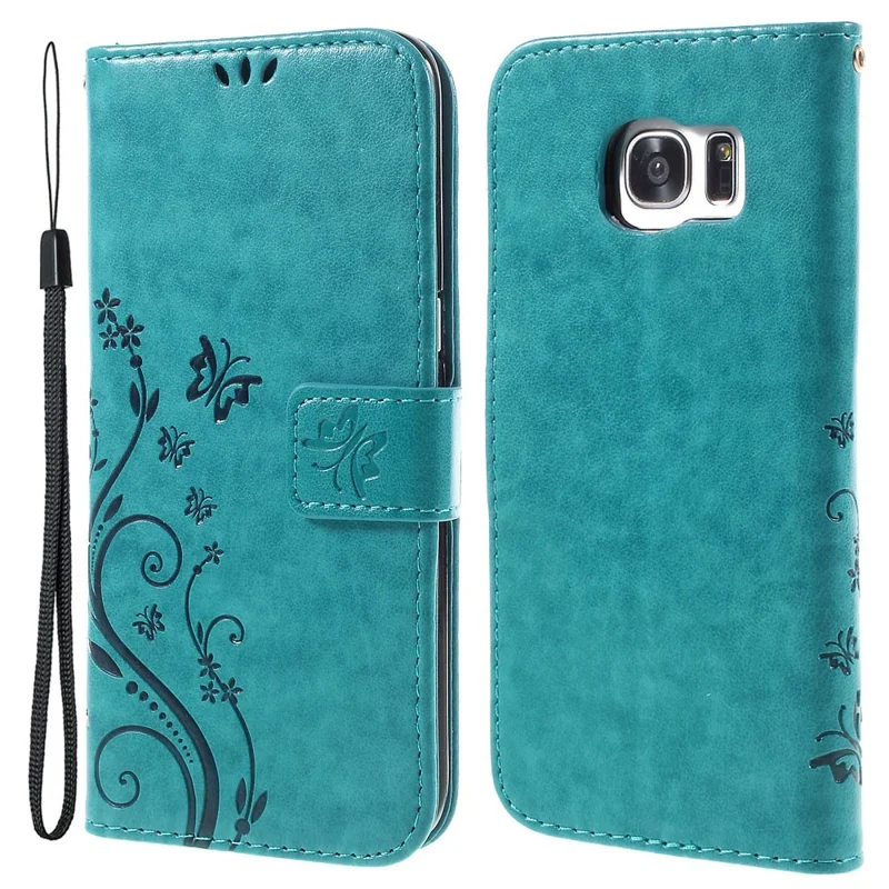 Butterfly Wallet Leather Protective Case for Samsung Galaxy S7 edge G935 with Handy Strap - Blue