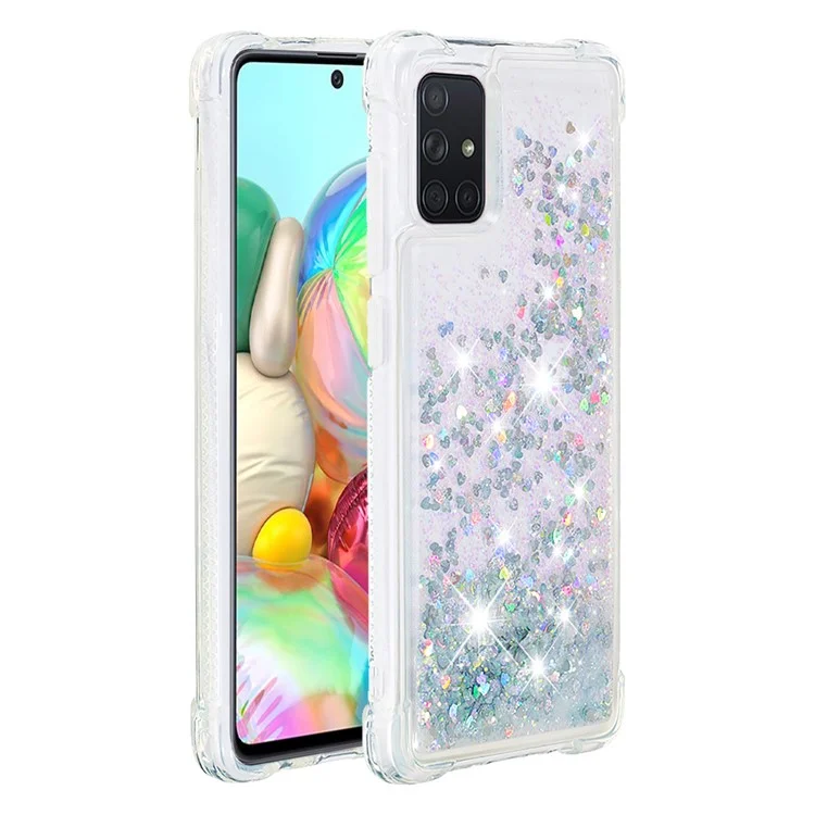 Liquid Glitter Powder Quicksand Shockproof TPU Case for Samsung Galaxy A71 - Silver Love Hearts