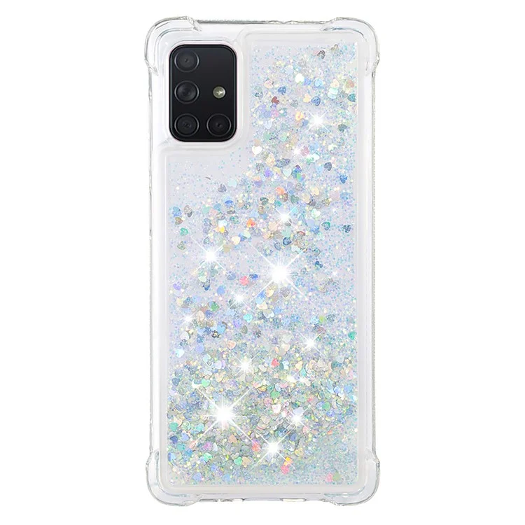 Liquid Glitter Powder Quicksand Shockproof TPU Case for Samsung Galaxy A71 - Silver Love Hearts