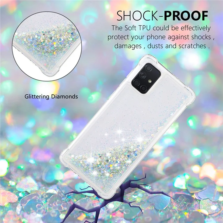 Liquid Glitter Powder Quicksand Shockproof TPU Case for Samsung Galaxy A71 - Silver Love Hearts