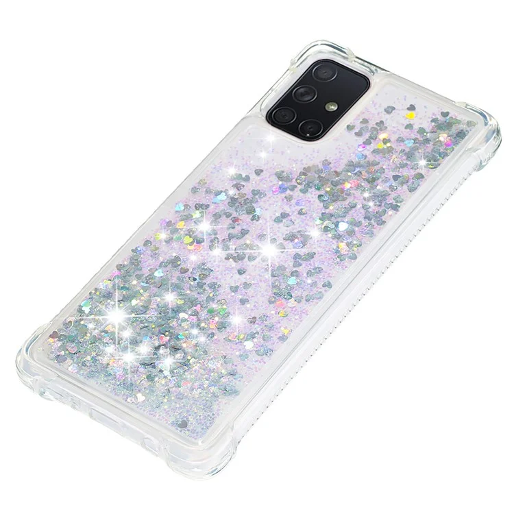 Liquid Glitter Powder Quicksand Shockproof TPU Case for Samsung Galaxy A71 - Silver Love Hearts