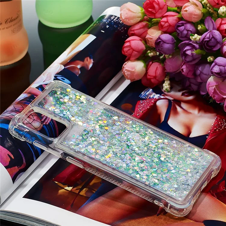 Liquid Glitter Powder Quicksand Shockproof TPU Case for Samsung Galaxy A71 - Silver Love Hearts