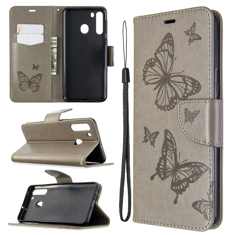 Imprint Butterfly Wallet Stand Case Для Samsung Galaxy A21 - Серый