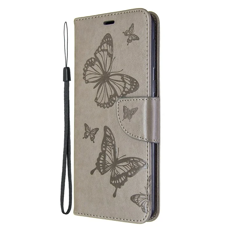 Imprint Butterfly Wallet Leather Stand Case for Samsung Galaxy A21 - Grey