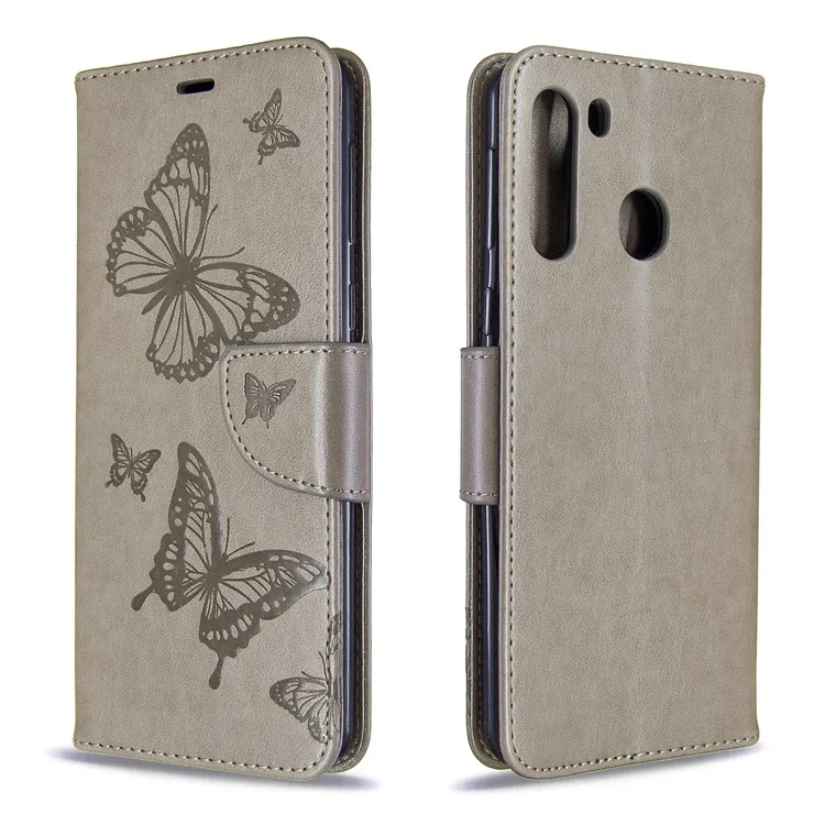 Imprint Butterfly Wallet Leather Stand Case for Samsung Galaxy A21 - Grey