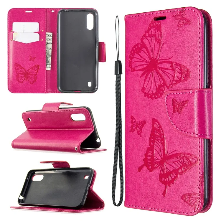 Imprint Butterfly Wallet Flip Leather Protection Shell for Samsung Galaxy A01 - Rose