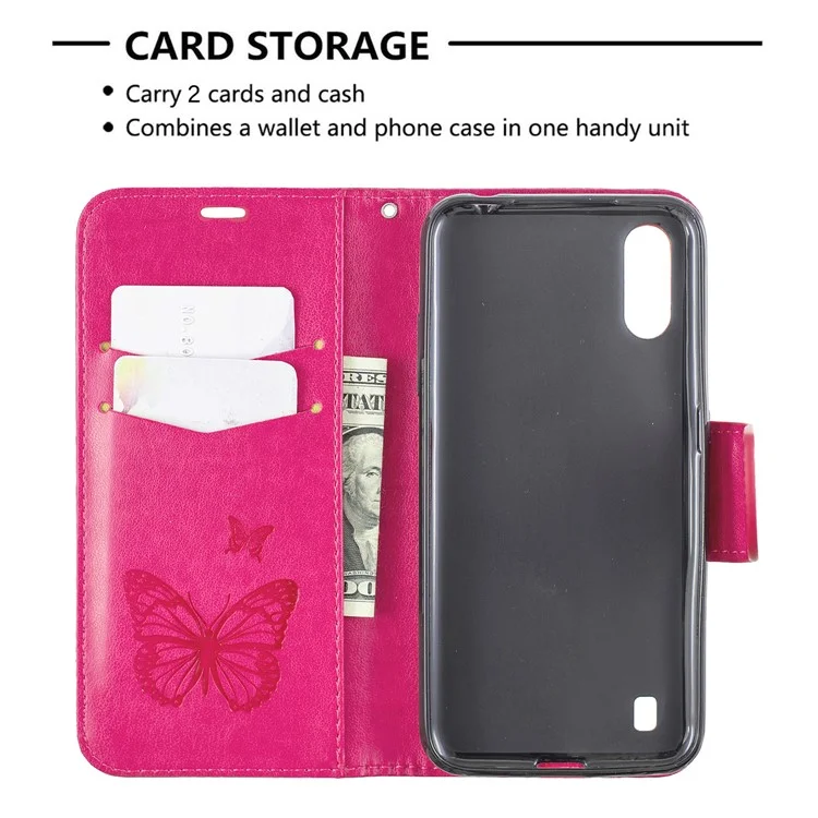 Imprint Butterfly Wallet Flip Leather Protection Shell for Samsung Galaxy A01 - Rose