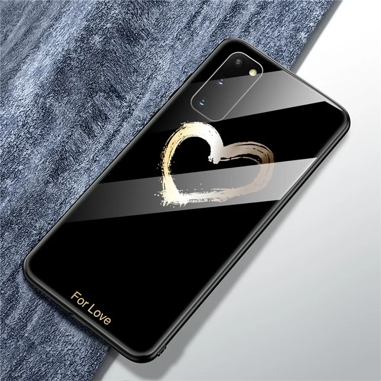 Étui de téléphone portable en verre imprimé à motif + TPU pour Samsung Galaxy S20 4G/S20 5G - Noir/Pour l'amour
