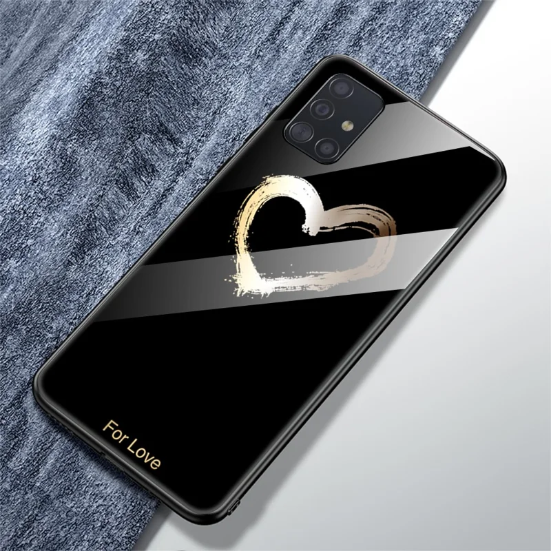 Printing Surface Glass Back + TPU Cell Phone Case for Samsung Galaxy A51 - Black/For Love