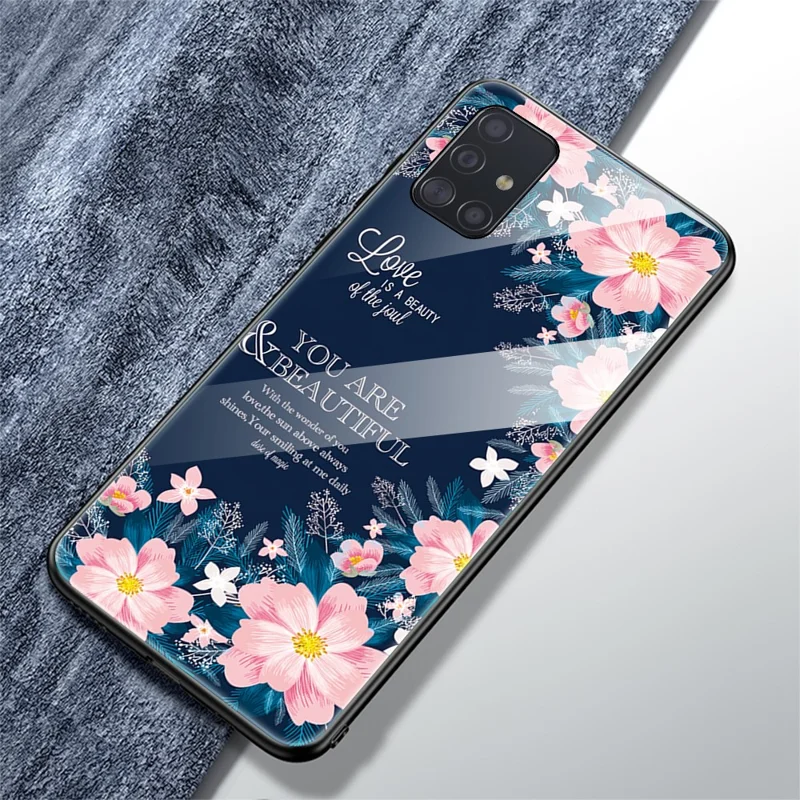 Printing Surface Glass Back + TPU Cell Phone Case for Samsung Galaxy A71 - Pink Flowers