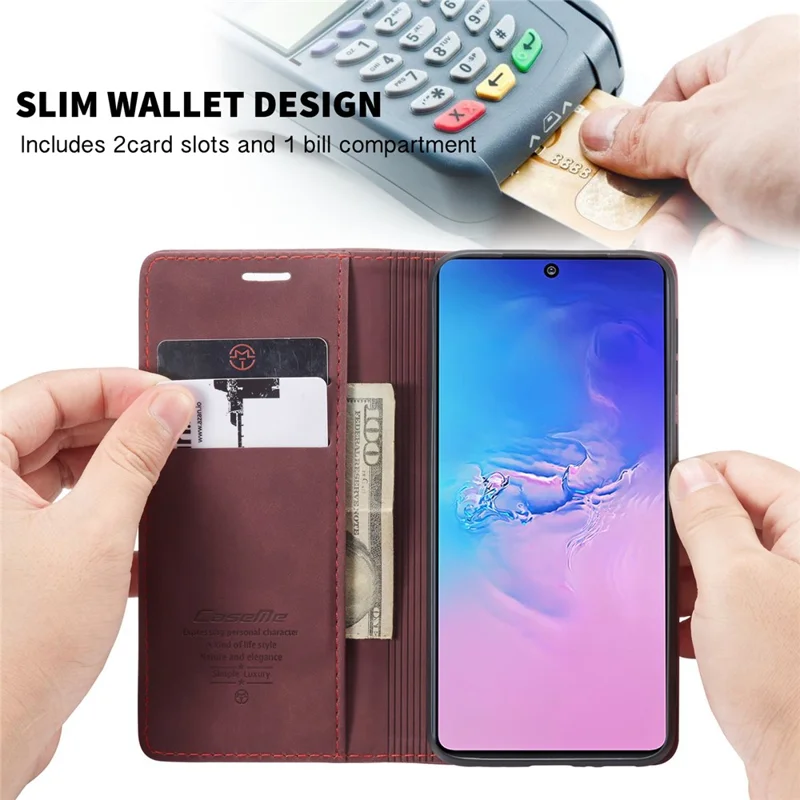 CASEME 013 Series Flip Wallet Leather Mobile Case for Samsung Galaxy A91/S10 Lite - Wine Red