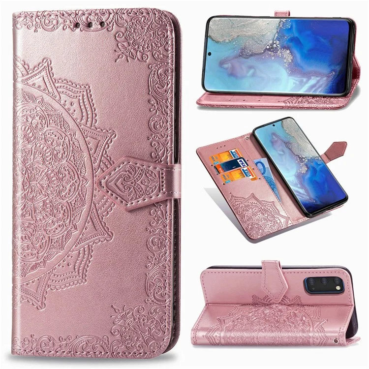 Cobertura de Proteção de Couro de Flor de Flor Mandala em Relevo Para Samsung Galaxy S20 4G/S20 5G - Rosa Ouro