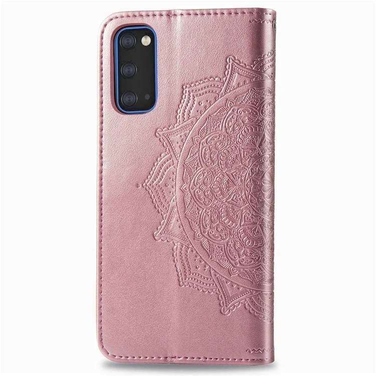 Carteira de Couro Mandala Embossed Flower Stand Protection Cover para Samsung Galaxy S20 4G/S20 5G - Rose Gold