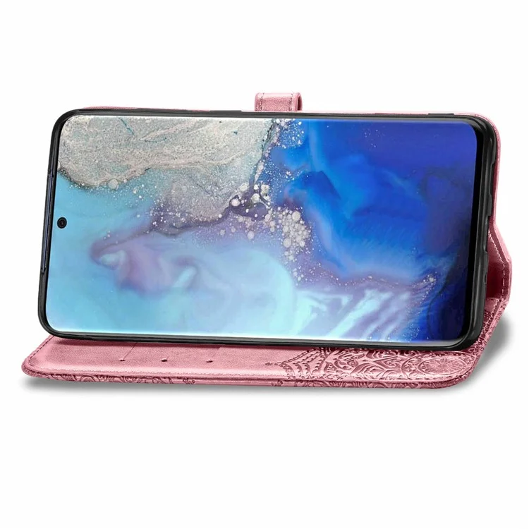 Carteira de Couro Mandala Embossed Flower Stand Protection Cover para Samsung Galaxy S20 4G/S20 5G - Rose Gold