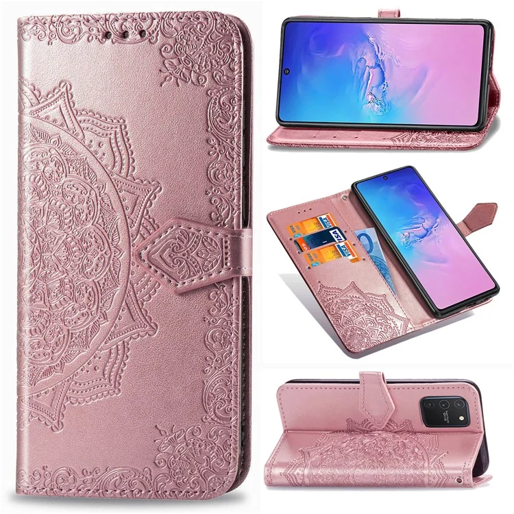 Embossed Mandala Flower Wallet Leather Stand Phone Protection Cover for Samsung Galaxy A91/S10 Lite - Rose Gold