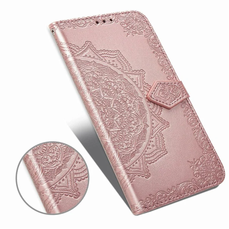 Embossed Mandala Flower Wallet Leather Stand Phone Protection Cover for Samsung Galaxy A91/S10 Lite - Rose Gold