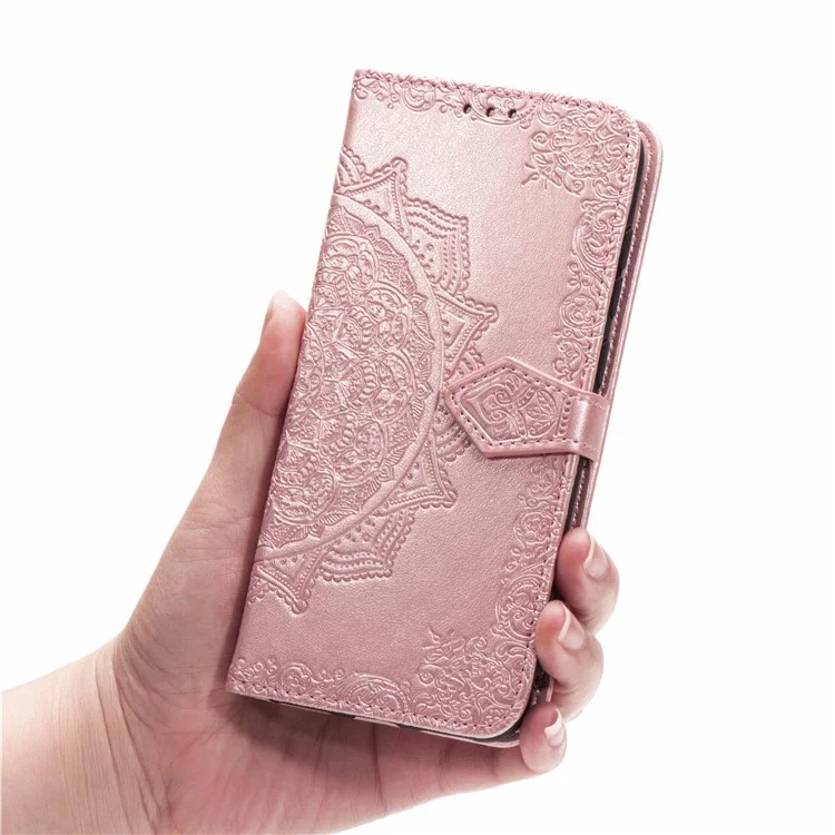 Embossed Mandala Flower Wallet Leather Stand Phone Protection Cover for Samsung Galaxy A91/S10 Lite - Rose Gold