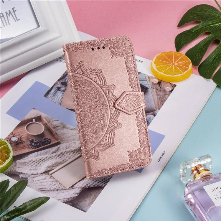 Embossed Mandala Flower Wallet Leather Stand Phone Protection Cover for Samsung Galaxy A91/S10 Lite - Rose Gold