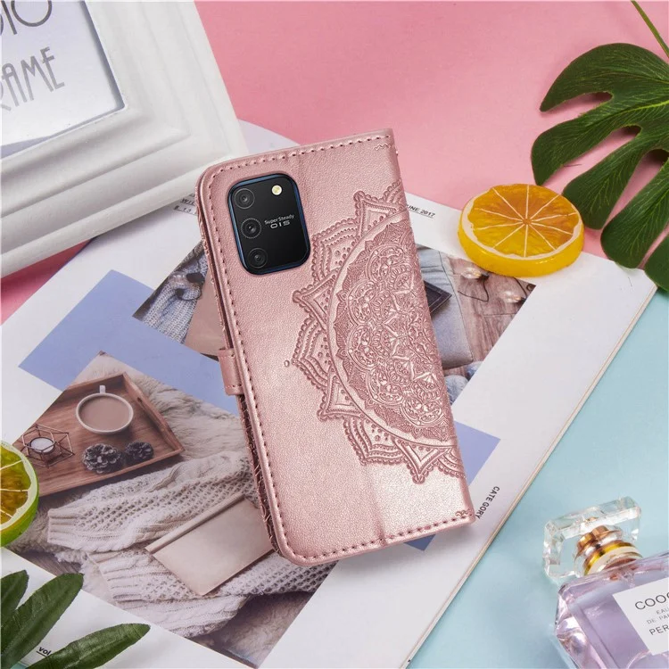 Embossed Mandala Flower Wallet Leather Stand Phone Protection Cover for Samsung Galaxy A91/S10 Lite - Rose Gold