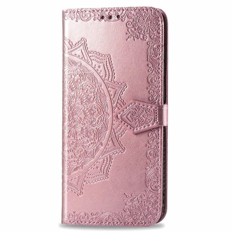 Embossed Mandala Flower Wallet Leather Stand Phone Protection Cover for Samsung Galaxy A91/S10 Lite - Rose Gold