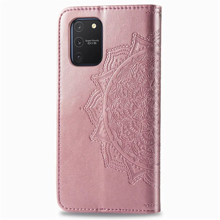 Embossed Mandala Flower Wallet Leather Stand Phone Protection Cover for Samsung Galaxy A91/S10 Lite - Rose Gold