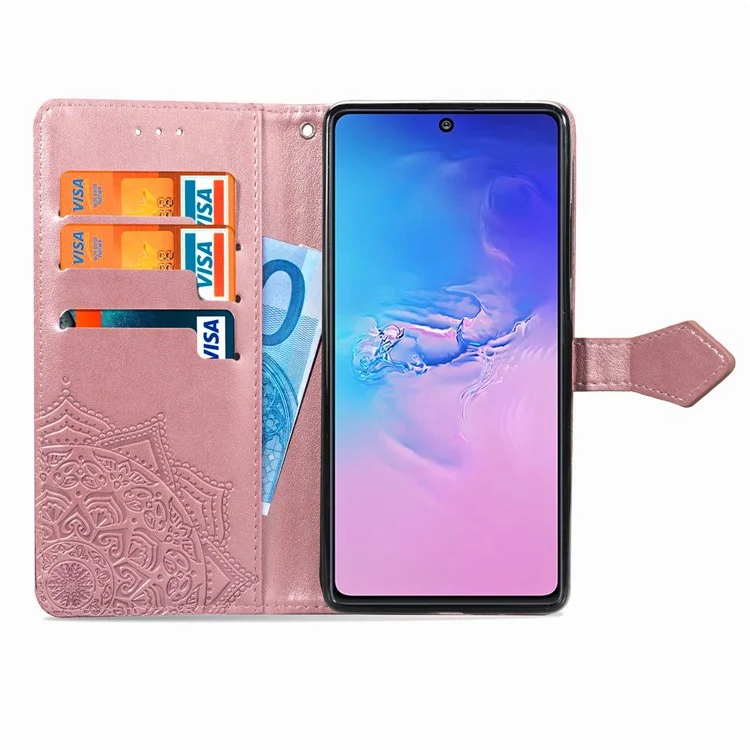 Embossed Mandala Flower Wallet Leather Stand Phone Protection Cover for Samsung Galaxy A91/S10 Lite - Rose Gold