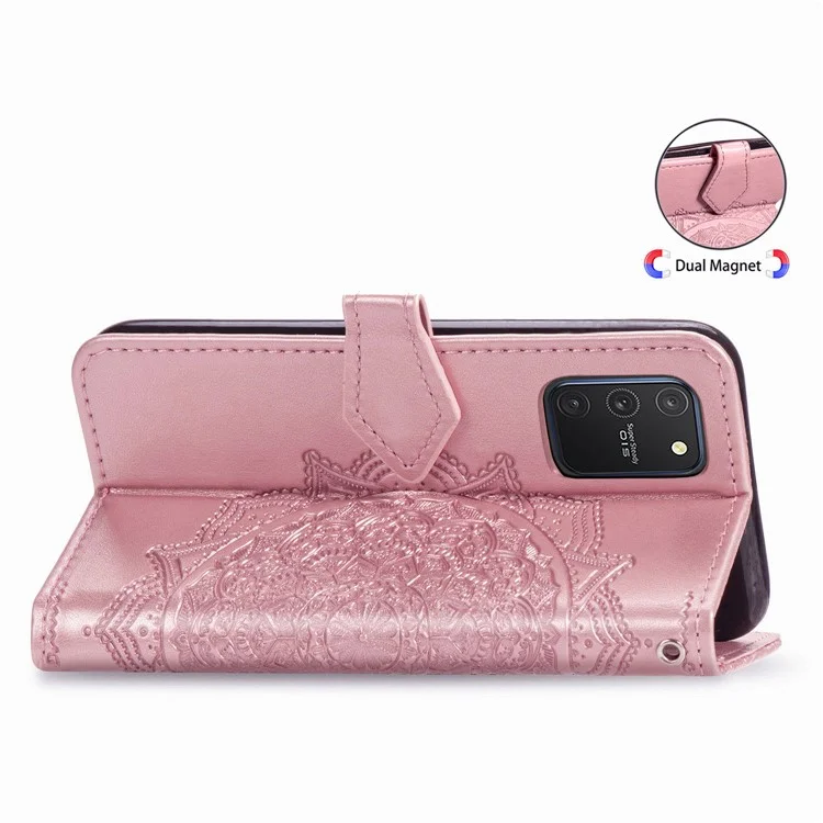 Embossed Mandala Flower Wallet Leather Stand Phone Protection Cover for Samsung Galaxy A91/S10 Lite - Rose Gold