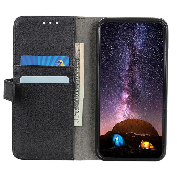 Litchi Skin Texture Wallet Leather Stand Phone Shell for Samsung Galaxy A41 - Black