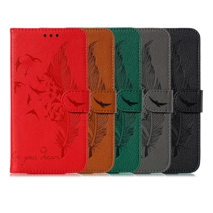 Imprint Feather Pattern Litchi Skin Leather Wallet Case for Samsung Galaxy A51 - Black