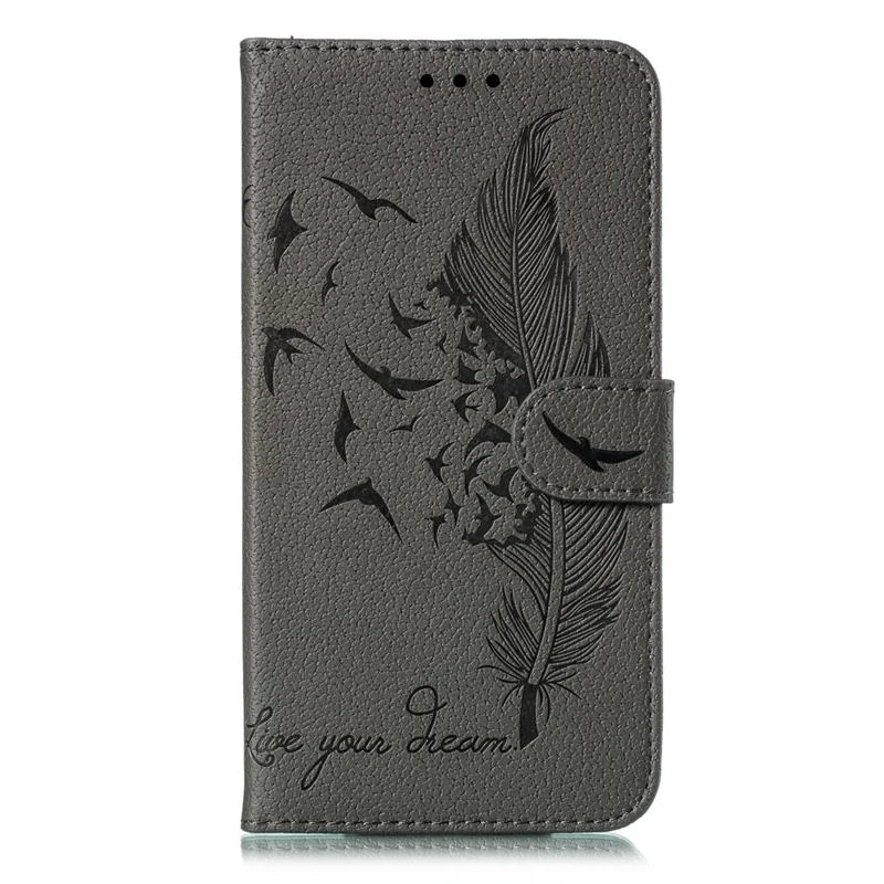 Padrão de Penas de Impressão Litchi Skin Leather Cartlet Case Para Samsung Galaxy A51 - Cinza