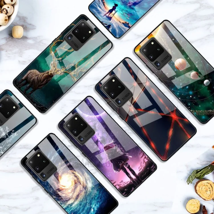 Muster-Druckglas + TPU + PC-Kombi-Gehäuse-Cover für Samsung Galaxy S20 Ultra - Weißer Planet